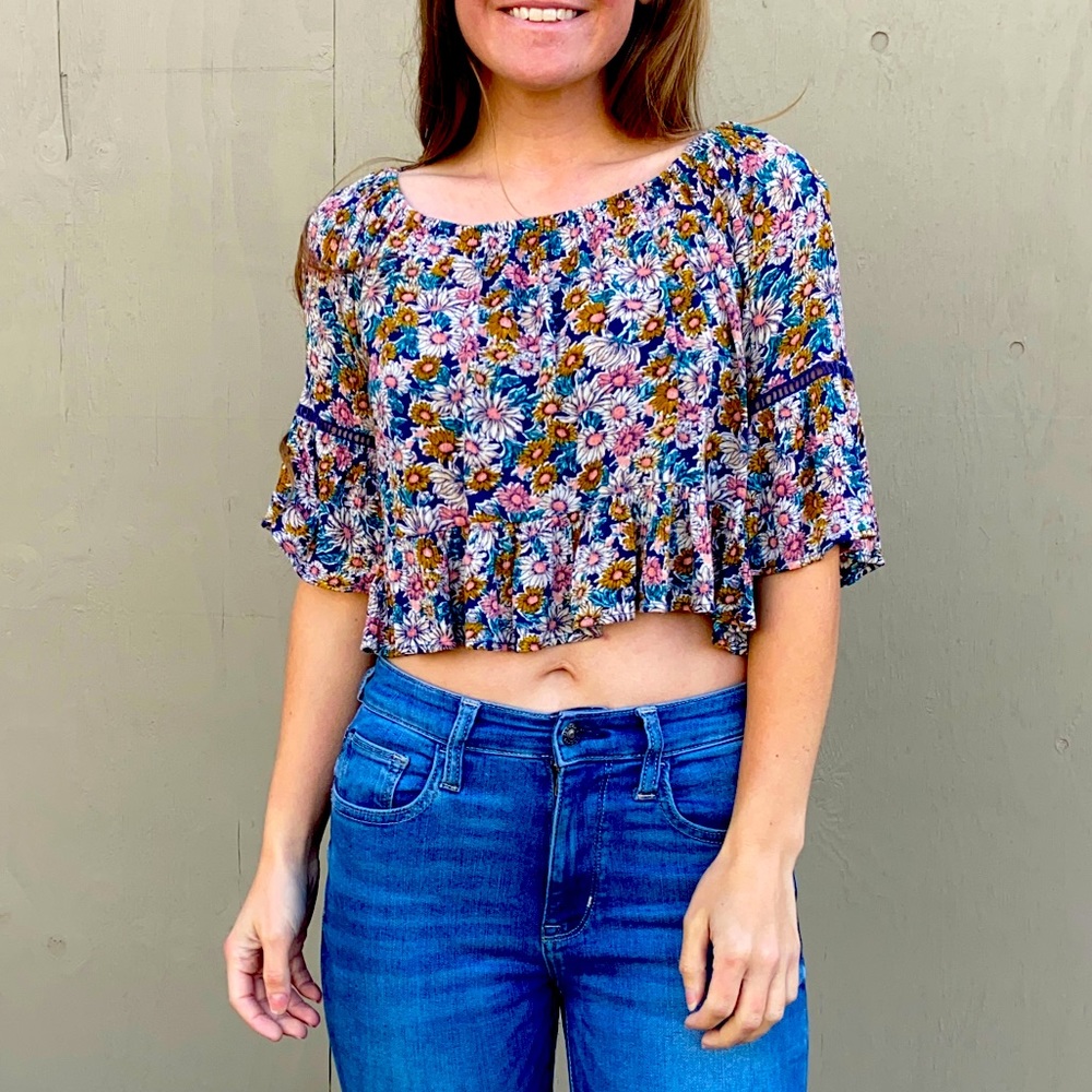 Forever 21 Colorful Floral Crop Peasant Blouse